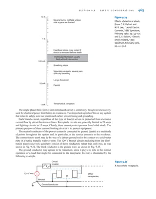 464 C H A P T E R 9 S T E A D Y- S T A T E P O W E R A N A LY S I S
Figure 9.23
Electric meters used to
measure home energy
consumption.
(Left, Comstock/Punchstock;
right, Robert Llewellyn/
Workbook Stock/Jupiter
Images)
9.9
Safety
Considerations
Although this book is concerned primarily with the theory of circuit analysis, we recognize
that, by this point in their study, most students will have begun to relate the theory to the elec-
trical devices and systems that they encounter in the world around them. Thus, it seems advis-
able to depart briefly from the theoretical and spend some time discussing the very practical
and important subject of safety. Electrical safety is a very broad and diverse topic that would
require several volumes for a comprehensive treatment. Instead, we will limit our discussion
to a few introductory concepts and illustrate them with examples.
It would be difficult to imagine that anyone in our society could have reached adolescence
without having experienced some form of electrical shock. Whether that shock was from a
harmless electrostatic discharge or from accidental contact with an energized electrical cir-
cuit, the response was probably the same—an immediate and involuntary muscular reaction.
In either case, the cause of the reaction is current flowing through the body. The severity of
the shock depends on several factors, the most important of which are the magnitude, the
duration, and the pathway of the current through the body.
The effect of electrical shock varies widely from person to person. Figure 9.24 shows the
general reactions that occur as a result of 60-Hz ac current flow through the body from hand
to hand, with the heart in the conduction pathway. Observe that there is an intermediate range
of current, from about 0.1 to 0.2 A, which is most likely to be fatal. Current levels in this
range are apt to produce ventricular fibrillation, a disruption of the orderly contractions of the
heart muscle. Recovery of the heartbeat generally does not occur without immediate medical
intervention. Current levels above that fatal range tend to cause the heart muscle to contract
severely, and if the shock is removed soon enough, the heart may resume beating on its own.
The voltage required to produce a given current depends on the quality of the contact to the
body and the impedance of the body between the points of contact. The electrostatic voltage
such as might be produced by sliding across a car seat on a dry winter day may be on the order
of 20,000 to 40,000 V, and the current surge on touching the door handle, on the order of 40 A.
However, the pathway for the current flow is mainly over the body surface, and its duration is
for only a few microseconds. Although that shock could be disastrous for some electronic
components, it causes nothing more than mild discomfort and aggravation to a human being.
Electrical appliances found about the home typically require 120 or 240 V rms for opera-
tion. Although the voltage level is small compared with that of the electrostatic shock, the
potential for harm to the individual and to property is much greater. Accidental contact is more
apt to result in current flow either from hand to hand or from hand to foot—either of which
will subject the heart to shock. Moreover, the relatively slowly changing (low frequency)
60-Hz current tends to penetrate more deeply into the body as opposed to remaining on the
surface as a rapidly changing (high frequency) current would tend to do. In addition, the ener-
gy source has the capability of sustaining a current flow without depletion. Thus, subsequent
discussion will concentrate primarily on hazards associated with the 60-Hz ac power system.
irwin09_435-490hr.qxd 28-07-2010 12:00 Page 464
 