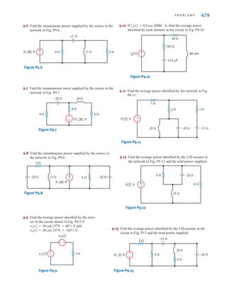 478 C H A P T E R 9 S T E A D Y- S T A T E P O W E R A N A LY S I S
S U M M A R Y
•
■ Instantaneous power If the current and voltage are
sinusoidal functions of time, the instantaneous power is equal
to a time-independent average value plus a sinusoidal term
that has a frequency twice that of the voltage or current.
■ Average power
where ␪
is the phase of the impedance.
■ Resistive load since V and
I are in phase.
■ Reactive load
■ Maximum average power transfer To obtain
the maximum average power transfer to a load, the load
impedance should be chosen equal to the complex conjugate
of the Thévenin equivalent impedance representing the
remainder of the network.
■ rms or effective value of a periodic
waveform The effective, or rms, value of a periodic
waveform was introduced as a means of measuring the
effectiveness of a source in delivering power to a resistive
load. The effective value of a periodic waveform is found
by determining the root-mean-square value of the
waveform. The rms value of a sinusoidal function is equal
to the maximum value of the sinusoid divided by
■ Power factor Apparent power is defined as the prod-
uct The power factor is defined as the ratio of the
average power to the apparent power and is said to be lead-
ing when the phase of the current lags the voltage, and lag-
ging when the phase of the current lags the voltage. The
power factor of a load with a lagging power factor can be
corrected by placing a capacitor in parallel with the load.
■ Complex power The complex power, S, is defined as
the product The complex power S can be written
as S = P + jQ, where P is the real or average power and Q
is the imaginary or quadrature power.
■ The single-phase three-wire circuit The sin-
gle-phase three-wire circuit is the one commonly used in
households. Large appliances are connected line to line and
small appliances and lights are connected line to neutral.
■ Safety Safety must be a primary concern in the design
and use of any electrical circuit. The National Electric Code
is the primary guide for the construction and operation of
electrical systems.
S = I2
Z = I2
R + jI2
X
Vrms I*
rms.
V
rmsIrms.
12.
P = 1兾2 VI cosA;90°B = 0
P = 1兾2 I2
R = 1兾2 VI
1兾2 VI cos ␪,
P = 1兾2 VI cosA␪v - ␪iB =
P R O B L E M S
•
9.1 The voltage and current at the input of a network are
given by the expressions
Determine the average power absorbed by the network.
9.2 The voltage and current at the input of a circuit are given
by the expressions
Determine the average power absorbed by the circuit.
9.3 Determine the equations for the current and the instanta-
neous power in the network in Fig. P9.3.
Figure P9.3
9.4 Given volts, find the average power
supplied by the source and the current in the network
in Fig. P9.4.
Figure P9.4
9.5 Determine the instantaneous power supplid by the source
in the circuit in Fig. P9.5.
Figure P9.5
4 ⍀
2 ⍀
+
–
12 60° V
–j2 ⍀
j2 ⍀
15 ⍀ 1 mF
10 ⍀
50 mH
vS(t)
i2(t)
±
–
i2(t)
vs(t) = 100 cos 100t
±
–
12 75° V
4 ⍀
j3 ⍀
I
i(t) = 5 cos (␻t + 45°) A
v(t) = 170 cos(␻t + 30°) V
i(t) = 4 sin ␻t A
v(t) = 6 cos ␻t V
irwin09_435-490hr.qxd 28-07-2010 12:00 Page 478
 