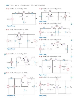 P R O B L E M S 529
10.16 Find in the network in Fig. P10.16.
Figure P10.16
10.17 Find in the network in Fig. P10.17.
Figure P10.17
10.18 Find in the network in Fig. P10.18.
Figure P10.18
Vo
+
–
3 ⍀
2 ⍀
j 2 ⍀
j 2 ⍀ j 1 ⍀
–j 1 ⍀
2 0° V
12 0° V +
–
Vo
3 ⍀ 3 ⍀
6 ⍀
1 ⍀
1 ⍀
j 2 ⍀
j 2 ⍀
–j 1 ⍀
–j 4 ⍀
24 0° V
4 0° V 2 0° V
+
–
Vo
+ –
j 1 ⍀
Vo
Vo
+
-
j2 ⍀
j2 ⍀ 2 ⍀
1 ⍀
j1 ⍀
j1 ⍀
10 30° A
10 0° A
Vo
irwin10_491-540hr.qxd 28-07-2010 12:10 Page 529
 