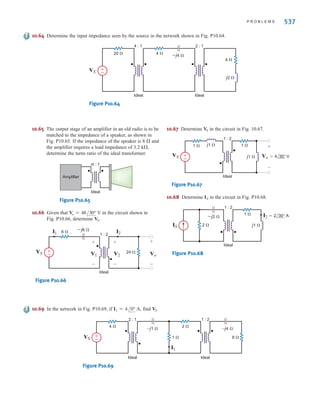 536 C H A P T E R 1 0 M A G N E T I C A L LY C O U P L E D N E T W O R K S
10.60 Find the voltage in the network in Fig. P10.60.
Figure P10.60
10.61 Determine the input impedance seen by the source in the circuit in Fig. P10.61.
Figure P10.61
10.62 Determine the input impedance seen by the source in the circuit in Fig. P10.62.
Figure P10.62
10.63 Determine the input impedance seen by the source in the network shown in Fig. P10.63.
Figure P10.63
–j1 ⍀
–j32 ⍀
j1 ⍀
48 ⍀
Ideal Ideal
1 : 4
2 : 1
±
–
1 ⍀
12 0° V
–j2 ⍀
–j1 ⍀ 2 ⍀
1 ⍀
1 ⍀
Ideal
4 : 1
±
–
I1
VS V1
+
-
V2
+
-
j2 ⍀
4 ⍀
2 ⍀
Ideal
1 : 2
±
–
±
–
±
–
V1
VS V2
–j16 ⍀
–j2 ⍀
j2 ⍀
4 ⍀
32 ⍀
1 : 4
2 : 1
Ideal
Ideal
32 0° V ±
–
Vo
I3
+
-
I2
I1
Vo
irwin10_491-540hr.qxd 28-07-2010 12:11 Page 536
 