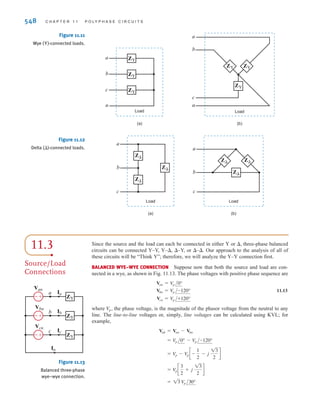 S E C T I O N 1 1 . 2 T H R E E - P H A S E C O N N E C T I O N S 547
Note that this equation indicates that the instantaneous power is always constant in time
rather than pulsating, as in the single-phase case. Therefore, power delivery from a
three-phase voltage source is very smooth, which is another important reason power is
generated in three-phase form.
By far the most important polyphase voltage source is the balanced three-phase source. This
source, as illustrated by Fig. 11.9, has the following properties. The phase voltages—that is,
the voltage from each line a, b, and c to the neutral n—are given by
11.11
Vcn = V
p /+120°
Vbn = V
p /-120°
Van = V
p /0°
Figure 11.9
Balanced three-phase
voltage source.
Balanced
three-phase
power
source
a
b
c
n
Van
Phase a
Phase b
Phase c
Vbn
Vcn
Figure 11.10
Phasor diagram for a
balanced three-phase
voltage source.
120°
120°
120° Van
Vcn
Vbn
The phasor diagram for these voltages is shown in Fig. 11.10. The phase sequence of this set
is said to be abc (called positive phase sequence), meaning that lags by 120°.
We will standardize our notation so that we always label the voltages , , and
and observe them in the order abc. Furthermore, we will normally assume with no loss of
generality that
An important property of the balanced voltage set is that
11.12
This property can easily be seen by resolving the voltage phasors into components along the
real and imaginary axes. It can also be demonstrated via Eq. (11.9).
From the standpoint of the user who connects a load to the balanced three-phase voltage
source, it is not important how the voltages are generated. It is important to note, however, that
if the load currents generated by connecting a load to the power source shown in Fig. 11.9 are
also balanced, there are two possible equivalent configurations for the load. The equivalent
load can be considered as being connected in either a wye (Y) or a delta () configuration. The
balanced wye configuration is shown in Fig. 11.11a and equivalently in Fig. 11.11b. The delta
configuration is shown in Fig. 11.12a and equivalently in Fig. 11.12b. Note that in the case of
the delta connection, there is no neutral line. The actual function of the neutral line in the wye
connection will be examined, and it will be shown that in a balanced system the neutral line
carries no current and, for purposes of analysis, may be omitted.
The wye and delta connections each have their advantages. In the wye case, we have
access to two voltages, the line-to-line and line-to-neutral, and it provides a convenient place
to connect to ground for system protection. That is, it limits the magnitude of surge voltages.
In the delta case, this configuration stays in balance better when serving unbalanced loads,
and it is capable of trapping the third harmonic.
Van + Vbn + Vcn = 0
/Van = 0°.
Vcn
Vbn
Van
Van
Vbn
11.2
Three-Phase
Connections
irwin11_541-576hr.qxd 6-08-2010 15:11 Page 547
 