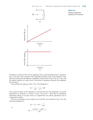 12.1
Variable
Frequency-
Response
Analysis
In previous chapters we investigated the response of RLC networks to sinusoidal inputs. In
particular, we considered 60-Hz sinusoidal inputs. In this chapter we allow the frequency of
excitation to become a variable and evaluate network performance as a function of
frequency. To begin, let us consider the effect of varying frequency on elements with which
we are already quite familiar—the resistor, inductor, and capacitor. The frequency-domain
impedance of the resistor shown in Fig. 12.1a is
The magnitude and phase are constant and independent of frequency. Sketches of the magnitude
and phase of ZR are shown in Figs. 12.1b and c. Obviously, this is a very simple situation.
For the inductor in Fig. 12.2a, the frequency-domain impedance ZL is
ZL = jL = L/90°
ZR = R = R/0°
578 C H A P T E R 1 2 V A R I A B L E - F R E Q U E N C Y N E T W O R K P E R F O R M A N C E
(c)
0
Frequency
Phase
of
Z
R
(degrees)
0
(b)
R
Frequency
Magnitude
of
Z
R
()
0
(a)
R
ZR
Figure 12.1
Frequency-independent
impedance of a resistor.
Variable frequency is as important in electric circuits as it is
in describing musical signals. Frequency response plots of
voltage transfer functions show magnitude in decibels and
phase in degrees on linear scales versus radian frequency on
a logarithmic scale. Filter design using variable frequency
techniques results in series or parallel circuits that yield
desired frequency spectra—low-pass, high-pass, or band-
pass—for recording, communication, and radar systems. Your
cell phone, television, and iPod or MP3 player use these
principles. The music beat delivered from high quality record-
ings and the clear tones of live performances both uplift the
listener—provided the bandwidth is adequate.
irwin12_577-666hr.qxd 6-08-2010 15:14 Page 578
 