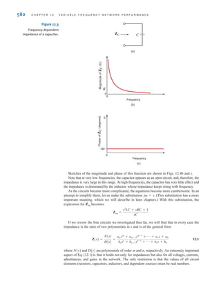 The phase is constant at 90°, but the magnitude of ZL is directly proportional to frequency.
Figs. 12.2b and c show sketches of the magnitude and phase of ZL versus frequency. Note
that at low frequencies the inductor’s impedance is quite small. In fact, at dc, ZL is zero, and
the inductor appears as a short circuit. Conversely, as frequency increases, the impedance
also increases.
Next consider the capacitor of Fig. 12.3a. The impedance is
Once again the phase of the impedance is constant, but now the magnitude is inversely
proportional to frequency, as shown in Figs. 12.3b and c. Note that the impedance
approaches infinity, or an open circuit, as  approaches zero and ZC approaches zero as
 approaches infinity.
Now let us investigate a more complex circuit: the RLC series network in Fig. 12.4a. The
equivalent impedance is
or
Zeq =
(j)2
LC + jRC + 1
jC
Zeq = R + jL +
1
jC
ZC =
1
jC
=
1
C
/-90°
S E C T I O N 1 2 . 1 V A R I A B L E F R E Q U E N C Y- R E S P O N S E A N A LY S I S 579
(a)
0
Frequency
Magnitude
of
Z
L
()
Phase
of
Z
L
(degrees)
0
(b)
0
Frequency
0
±90°
(c)
L
ZL
Figure 12.2
Frequency-dependent
impedance of an inductor.
irwin12_577-666hr.qxd 6-08-2010 15:14 Page 579
 