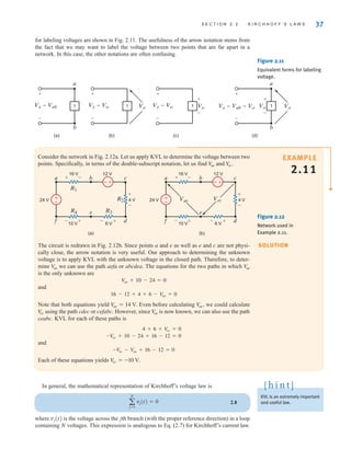 for labeling voltages are shown in Fig. 2.11. The usefulness of the arrow notation stems from
the fact that we may want to label the voltage between two points that are far apart in a
network. In this case, the other notations are often confusing.
In general, the mathematical representation of Kirchhoff’s voltage law is
2.8
where vj(t) is the voltage across the jth branch (with the proper reference direction) in a loop
containing N voltages. This expression is analogous to Eq. (2.7) for Kirchhoff’s current law.
a
N
j=1
vj(t) = 0
S E C T I O N 2 . 2 K I R C H H O F F ’ S L A W S 37
1 1
(a)
Vx=Vab
a
b
+
–
1
a
b
+
–
1
Vx=Vo
+
–
Vx=Vo
+
–
Vo
(b)
Vx=Vab=Vo
(d)
Vo
+
–
Vo
+
–
(c)
Vo
Figure 2.11
Equivalent forms for labeling
voltage.
SOLUTION
EXAMPLE
2.11
Consider the network in Fig. 2.12a. Let us apply KVL to determine the voltage between two
points. Specifically, in terms of the double-subscript notation, let us find and V
ec.
V
ae
The circuit is redrawn in Fig. 2.12b. Since points a and e as well as e and c are not physi-
cally close, the arrow notation is very useful. Our approach to determining the unknown
voltage is to apply KVL with the unknown voltage in the closed path. Therefore, to deter-
mine we can use the path aefa or abcdea. The equations for the two paths in which
is the only unknown are
and
Note that both equations yield Even before calculating we could calculate
using the path cdec or cefabc. However, since is now known, we can also use the path
ceabc. KVL for each of these paths is
and
Each of these equations yields V
ec = -10 V.
-V
ec - V
ae + 16 - 12 = 0
-V
ec + 10 - 24 + 16 - 12 = 0
4 + 6 + V
ec = 0
V
ae
V
ec
V
ae,
V
ae = 14 V.
16 - 12 + 4 + 6 - V
ae = 0
Vae + 10 - 24 = 0
V
ae
V
ae
Vae Vec
(a) (b)
R1
R4 R3
R2
24 V
16 V
6 V
10 V
+ +
–
–
–
+
+
–
12 V
4 V
f d
b
e
a c
24 V
16 V
6 V
10 V
+ +
–
–
–
+
+
–
12 V
4 V
f d
b
e
a c
±
–
+
-
±
–
+
-
Figure 2.12
Network used in
Example 2.11.
KVL is an extremely important
and useful law.
[ h i n t ]
irwin02_025-100hr.qxd 30-06-2010 13:14 Page 37
 