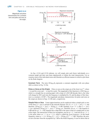 powerful tool in both the analysis and design of frequency-dependent systems and networks
such as filters, tuners, and amplifiers. In using the graph, we plot versus
instead of M() versus . The advantage of this technique is that rather than plot-
ting the characteristic point by point, we can employ straight-line approximations to obtain
the characteristic very efficiently. The ordinate for the magnitude plot is the decibel (dB).
This unit was originally employed to measure the ratio of powers; that is,
12.5
If the powers are absorbed by two equal resistors, then
12.6
The term dB has become so popular that it is now used for voltage and current ratios, as
illustrated in Eq. (12.6), without regard to the impedance employed in each case.
In the sinusoidal steady-state case, H(j) in Eq. (12.3) can be expressed in general as
12.7
Note that this equation contains the following typical factors:
1. A frequency-independent factor K00
2. Poles or zeros at the origin of the form j; that is, for zeros and for poles
3. Poles or zeros of the form (1 + j)
4. Quadratic poles or zeros of the form 1 + 2(j) +
Taking the logarithm of the magnitude of the function H(j) in Eq. (12.7) yields
12.8
Note that we have used the fact that the log of the product of two or more terms is equal to
the sum of the logs of the individual terms, the log of the quotient of two terms is equal to
the difference of the logs of the individual terms, and
The phase angle for H(j) is
12.9
+ p - tan-1
a - tan-1
a
2bb
1 - 2
2
b
b p
/H(j) = 0 ; N(90°) + tan-1
1 + tan-1
a
233
1 - 2
2
3
b
log10An
= n log10A.
- 20 log10 @1 + 2bAjbB + AjbB
2
@ p
+ p - 20 log10 @1 + ja @
+ 20 log10 @1 + 23Aj3B + Aj3B
2
@
+ 20 log10 @1 + j1 @
20 log10∑H(j)∑ = 20 log10K0 ; 20N log10∑j∑
(j)2
(j)-N
(j)+N
H(j) =
K0(j);N
A1 + j1BC1 + 23Aj3B + Aj3B
2
D p
A1 + jaBC1 + 2bAjbB + AjbB
2
D p
= 20 log10
@V2 @
@V1 @
= 20 log10
@I2 @
@I1 @
number of dB = 10 log10
@V2 @
2
兾R
@V1 @
2
兾R
= 10 log10
@I2 @2
R
@I1 @2
R
number of dB = 10 log10
P2
P1
log10()
20 log10 M()
S E C T I O N 1 2 . 2 S I N U S O I D A L F R E Q U E N C Y A N A LY S I S 587
irwin12_577-666hr.qxd 6-08-2010 15:14 Page 587
 