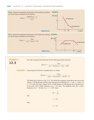 S E C T I O N 1 2 . 2 S I N U S O I D A L F R E Q U E N C Y A N A LY S I S 593
origin. This line is a plot of –40 log10 versus and therefore passes through 0 dB at
=1 rad/s. The phase for the double pole is a constant –180° for all frequencies. The
remainder of the terms are plotted as illustrated in Example 12.3.
The composite plots are shown in Fig. 12.14b. Once again they are obtained simply by
adding the individual terms in Fig. 12.14a. Note that for frequencies for which the
slope of the magnitude curve is –40 dB/decade. At =1 rad/s, which is the break frequency
of the zero, the magnitude curve changes slope to –20 dB/decade. At =10 rad/s, which is
the break frequency of the pole, the slope of the magnitude curve changes back to
–40 dB/decade.
The composite phase curve starts at –180° due to the double pole at the origin. Since the
first break frequency encountered is a zero, the phase curve shifts toward –90°. However,
before the composite phase reaches –90°, the pole with break frequency =10 rad/s
begins to shift the composite curve back toward –180°.



 V 1,



Example 12.4 illustrates the manner in which to plot directly terms of the form
For terms of this form, the initial slope of –20N dB/decade will intersect the 0-dB axis at a
frequency of that is, implies that
and therefore, Note that the projected slope of the mag-
nitude curve in Example 12.4 intersects the 0-dB axis at
Similarly, it can be shown that for terms of the form the initial slope
of ±20N dB/decade will intersect the 0-dB axis at a frequency of
that is, implies that and therefore
By applying the concepts we have just demonstrated, we can normally plot the log mag-
nitude characteristic of a transfer function directly in one step.
A1兾K0B
1兾N
rad兾s.
 =
K0兾(j)N
= 1,
+20 log10 @K0兾(j)N
@ = 0 dB
 = A1兾K0B
1兾N
rad兾s;
K0(j)N
,
 = (25)1兾2
= 5 rad兾s.
 = AK0B1兾N
rad兾s.
K0兾(j)N
= 1,
-20 log10 @K0兾(j)N
@ = 0 dB
AK0B1兾N
rad兾s;
K0兾(j)N
.
Learning Assessments
E12.4 Sketch the magnitude characteristic of the Bode plot, labeling
all critical slopes and points for the function
G(j) =
104
(j + 2)
(j + 10)(j + 100)
ANSWER:
|G| (dB)
20log1020
–20 dB/decade
2 10 100  (rad/s)
±20 dB/decade
Figure E12.4
E12.5 Sketch the magnitude characteristic of the Bode plot for the
transfer function:
ANSWER:
–26
–6
1 10 100  (rad/s)
|H| (dB)
–20 dB/decade
–20 dB/decade
Figure E12.5
H(j) =
5(j + 10)
j(j + 100)
irwin12_577-666hr.qxd 6-08-2010 15:14 Page 593
 