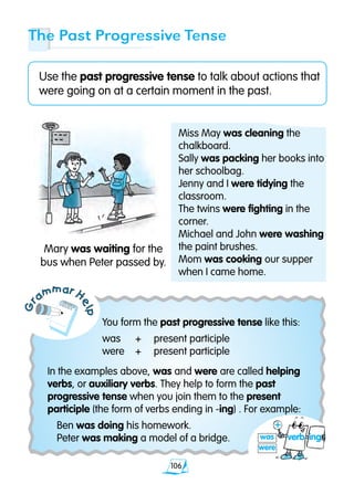 106
Gr
ammar H
elp
Use the past progressive tense to talk about actions that
were going on at a certain moment in the past.
The Past Progressive Tense
You form the past progressive tense like this:
was	 +	 present participle
were	 +	 present participle
In the examples above, was and were are called helping
verbs, or auxiliary verbs. They help to form the past
progressive tense when you join them to the present
participle (the form of verbs ending in -ing) . For example:
Ben was doing his homework.
Peter was making a model of a bridge.
Mary was waiting for the
bus when Peter passed by.
Miss May was cleaning the
chalkboard.
Sally was packing her books into
her schoolbag.
Jenny and I were tidying the
classroom.
The twins were fighting in the
corner.
Michael and John were washing
the paint brushes.
Mom was cooking our supper
when I came home.
verb ingwas
were
+
 