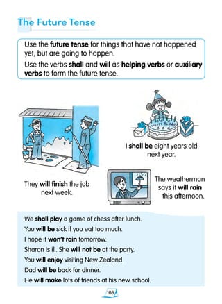 108
The Future Tense
We shall play a game of chess after lunch.
You will be sick if you eat too much.
I hope it won’t rain tomorrow.
Sharon is ill. She will not be at the party.
You will enjoy visiting New Zealand.
Dad will be back for dinner.
He will make lots of friends at his new school.
Use the future tense for things that have not happened
yet, but are going to happen.
Use the verbs shall and will as helping verbs or auxiliary
verbs to form the future tense.
I shall be eight years old
next year.
They will finish the job
next week.
The weatherman
says it will rain
this afternoon.
 