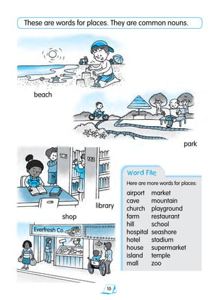 10
Word File
These are words for places. They are common nouns.
shop
beach	
park
library
Here are more words for places:
airport	 market
cave	 mountain
church	 playground
farm	 restaurant
hill	 school
hospital	 seashore
hotel	 stadium
house	 supermarket
island	 temple
mall	 zoo
Everfresh Co.
 