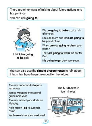 110
You can also use the simple present tense to talk about
things that have been arranged for the future.
There are other ways of talking about future actions and
happenings.
You can use going to.
I think I’m going
to be sick.
The new supermarket opens
tomorrow.
James moves to the second
grade next year.
The new school year starts on
Monday.
Next month I go to summer
camp.
We have a history test next week.
The bus leaves in
ten minutes.
We are going to bake a cake this
afternoon.
I’m sure Mom and Dad are going to
be proud of me.
When are you going to clean your
room?
They are going to wash the car for
Dad.
It is going to get dark very soon.
 