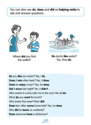 117
You can also use do, does and did as helping verbs to
ask and answer questions.
Where did you find
the wallet?
Do you like ice cream? Yes, I do.
Does it rain often here? Yes, it does.
Does he enjoy music? Yes, he does.
Did it snow last night? No, it didn’t.
Who wants to come with me to the zoo? We all do!
What do you want for lunch?
Who broke this vase? Peter did!
Does Ken often come home late? Yes, he does.
Why did he leave so suddenly?
Does everyone have a dictionary?
Do ducks like water?
Yes, they do.
 