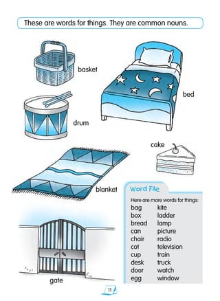 11
These are words for things. They are common nouns.
basket
bed	
cake
drum
blanket
gate
Word File
Here are more words for things:
bag	 kite
box	 ladder	
bread	 lamp	
can	 picture	
chair	 radio	
cot	 television	
cup	 train
desk	 truck
door	 watch
egg	 window
 