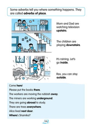 130
Some adverbs tell you where something happens. They
are called adverbs of place.
Come here!
Please put the books there.
The workers are moving the rubbish away.
The miners are working underground.
They are going abroad to study.
There are trees everywhere.
Alice lived next door.
Where’s Shamika?
Mom and Dad are
watching television
upstairs.
The children are
playing downstairs.
It’s raining. Let’s
go inside.
Rex, you can stay
outside.
 