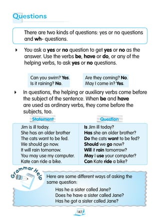 147
Questions
	 There are two kinds of questions: yes or no questions 	
	 and wh- questions.
4	 You ask a yes or no question to get yes or no as the
answer. Use the verbs be, have or do, or any of the
helping verbs, to ask yes or no questions.
	 Can you swim? Yes.	 Are they coming? No.
	 Is it raining? No.	 May I come in? Yes.
4	 In questions, the helping or auxiliary verbs come before
the subject of the sentence. When be and have 		
are used as ordinary verbs, they come before the
subjects, too.
Gr
ammar H
elp
Here are some different ways of asking the
same question:
	 Has he a sister called Jane?
	 Does he have a sister called Jane?
	 Has he got a sister called Jane?
		 Statement		 Question	
	 Jim is ill today.	 Is Jim ill today?
	 She has an older brother	 Has she an older brother?
	 The cats want to be fed.	 Do the cats want to be fed?
	 We should go now.	 Should we go now?
	 It will rain tomorrow.	 Will it rain tomorrow?
	 You may use my computer. 	 May I use your computer?
	 Kate can ride a bike.	 Can Kate ride a bike?
 