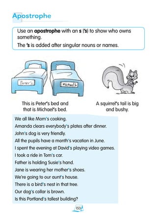 153
Apostrophe
Use an apostrophe with an s (’s) to show who owns
something.
The ’s is added after singular nouns or names.
We all like Mom’s cooking.
Amanda clears everybody’s plates after dinner.
John’s dog is very friendly.
All the pupils have a month’s vacation in June.
I spent the evening at David’s playing video games.
I took a ride in Tom’s car.
Father is holding Susie’s hand.
Jane is wearing her mother’s shoes.
We’re going to our aunt’s house.
There is a bird’s nest in that tree.
Our dog’s collar is brown.
Is this Portland’s tallest building?
This is Peter’s bed and
that is Michael’s bed.
A squirrel’s tail is big
and bushy.
 