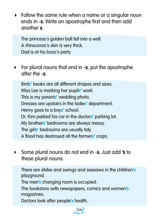 154
4	Follow the same rule when a name or a singular noun
ends in -s. Write an apostrophe first and then add
another s.
4	 For plural nouns that end in -s, put the apostrophe 		
	 after the -s.
Birds’ beaks are all different shapes and sizes.
Miss Lee is marking her pupils’ work.
This is my parents’ wedding photo.
Dresses are upstairs in the ladies’ department.
Henry goes to a boys’ school.
Dr. Kim parked his car in the doctors’ parking lot.
My brothers’ bedrooms are always messy.
The girls’ bedrooms are usually tidy.
A flood has destroyed all the farmers’ crops.
4	 Some plural nouns do not end in -s. Just add ’s to
	 these plural nouns.
The princess’s golden ball fell into a well.
A rhinoceros’s skin is very thick.
Dad is at his boss’s party.
There are slides and swings and seesaws in the children’s
playground.
The men’s changing room is occupied.
The bookstore sells newspapers, comics and women’s
magazines.
Doctors look after people’s health.
 