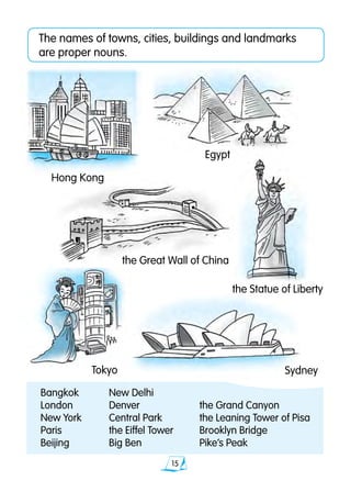 15
The names of towns, cities, buildings and landmarks
are proper nouns.
Hong Kong
the Great Wall of China
the Statue of Liberty
Egypt
SydneyTokyo
Bangkok	 New Delhi		
London	 Denver	 the Grand Canyon
New York 	 Central Park	 the Leaning Tower of Pisa
Paris	 the Eiffel Tower	 Brooklyn Bridge
Beijing	 Big Ben	 Pike’s Peak
 