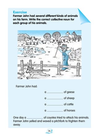 36
Exercise
Farmer John had several different kinds of animals
on his farm. Write the correct collective noun for
each group of his animals.
Farmer John had:
	 a of geese
	 a of sheep
	 a of cattle
	 a of horses
One day a of coyotes tried to attack his animals.
Farmer John yelled and waved a pitchfork to frighten them
away.
 