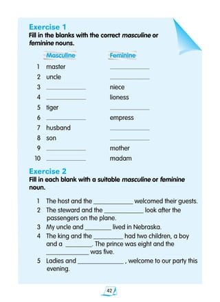 42
Exercise 1
Fill in the blanks with the correct masculine or
feminine nouns.	
		 Masculine	 Feminine
	1	 master	
	2	 uncle	
	3	 	 niece
	4	 	 lioness
	5	 tiger	
	6	 	 empress
	7 	 husband	
	8	 son	
	9	 	 mother
10	 	 madam
Exercise 2
Fill in each blank with a suitable masculine or feminine 		
noun.
	1 	 The host and the ____________ welcomed their guests.
	2 	 The steward and the ____________ look after the 		
			passengers on the plane.
	3	 My uncle and ________ lived in Nebraska.
	4 	 The king and the _________ had two children, a boy 		
		 and a ________. The prince was eight and the 			
		 _____________ was five.
	5	 Ladies and ______________ , welcome to our party this	
			evening.
 
