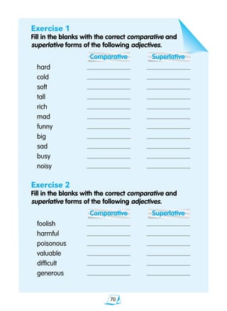 70
Exercise 1
Fill in the blanks with the correct comparative and 			
	 superlative forms of the following adjectives.
		 Comparative	 Superlative
hard	 	
cold	 	
soft	 	
tall	 	
rich	 	
mad	 	
funny	 	
big	 	
sad	 	
busy	 	
noisy	 	
Exercise 2
Fill in the blanks with the correct comparative and 			
	 superlative forms of the following adjectives.
		 Comparative	 Superlative
foolish	 	
harmful	 	
poisonous	 	
valuable	 	
difficult	 	
generous	 	
 