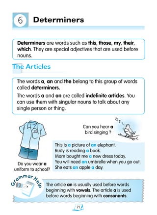 71
Gr
ammar H
elp
The words a, an and the belong to this group of words
called determiners.
The words a and an are called indefinite articles. You
can use them with singular nouns to talk about any
single person or thing.
Determiners are words such as this, those, my, their,
which. They are special adjectives that are used before
nouns.
The Articles
The article an is usually used before words
beginning with vowels. The article a is used
before words beginning with consonants.
Determiners6
This is a picture of an elephant.
Rudy is reading a book.
Mom bought me a new dress today.
You will need an umbrella when you go out.
She eats an apple a day.
Can you hear a
bird singing ?
Do you wear a
uniform to school?
 