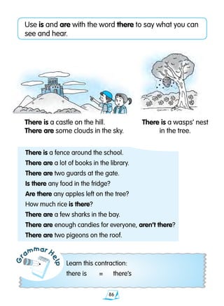86
Gr
ammar H
elp
Use is and are with the word there to say what you can
see and hear.
Learn this contraction:
there is	 =	 there’s
There is a fence around the school.
There are a lot of books in the library.
There are two guards at the gate.
Is there any food in the fridge?
Are there any apples left on the tree?
How much rice is there?
There are a few sharks in the bay.
There are enough candies for everyone, aren’t there?
There are two pigeons on the roof.
There is a castle on the hill.
There are some clouds in the sky.
There is a wasps’ nest
in the tree.
 