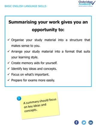 So what exactly is a summary?
A summary is more than just a condensed or shortened version of
your work. A summary require...