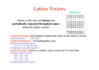 Lattice Vectors
LatticeConstant: real length to deﬁne the scale of the lattice vectors
LatticeConstant 5.43 Ang
LatticeParameters: Crystallograhic way
%block LatticeParameters
1.0 1.0 1.0 60. 60. 60.
%endblock LatticeParameters
LatticeVectors: read as a matrix, each vector on it’s own line
%block LatticeVectors
0.0 0.5 0.5
0.5 0.0 0.5
0.5 0.5 0.0
%endblock LatticeVectors
Atoms in the unit cell always are
periodically repeated throughout space
along the lattice vectors
Surfaces
 