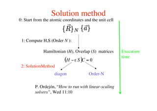 Solution method
Hamiltonian (H), Overlap (S) matrices
1: Compute H,S (Order N ):
2: SolutionMethod
diagon Order-N
0: Start from the atomic coordinates and the unit cell
P. Ordejón, “How to run with linear-scaling
solvers”, Wed 11:10
Execution
time
 