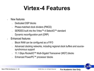 Basic FPGA Architecture 2 - 35 © 2005 Xilinx, Inc. All Rights Reserved
For Academic Use Only
Virtex-4 Features
• New features
– Dedicated DSP blocks
– Phase-matched clock dividers (PMCD)
– SERDES built into the Virtex™-4 SelectIO™ standard
– Dynamic reconfiguration port (DRP)
• Enhanced features
– Block RAM can be configured as a FIFO
– Advanced clocking networks, including regional clock buffers and source-
synchronous support
– 11.1 Gbps RocketIO™ Multi-Gigabit Transceiver (MGT) blocks
– Enhanced PowerPC™ processor blocks
 