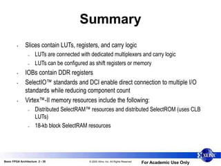 Basic FPGA Architecture 2 - 39 © 2005 Xilinx, Inc. All Rights Reserved
For Academic Use Only
Summary
• Slices contain LUTs, registers, and carry logic
– LUTs are connected with dedicated multiplexers and carry logic
– LUTs can be configured as shift registers or memory
• IOBs contain DDR registers
• SelectIO™ standards and DCI enable direct connection to multiple I/O
standards while reducing component count
• Virtex™-II memory resources include the following:
– Distributed SelectRAM™ resources and distributed SelectROM (uses CLB
LUTs)
– 18-kb block SelectRAM resources
 