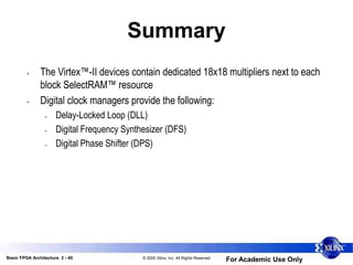 Basic FPGA Architecture 2 - 40 © 2005 Xilinx, Inc. All Rights Reserved
For Academic Use Only
Summary
• The Virtex™-II devices contain dedicated 18x18 multipliers next to each
block SelectRAM™ resource
• Digital clock managers provide the following:
– Delay-Locked Loop (DLL)
– Digital Frequency Synthesizer (DFS)
– Digital Phase Shifter (DPS)
 