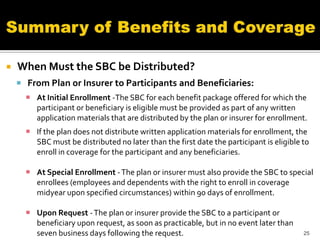    When Must the SBC be Distributed?
     From Plan or Insurer to Participants and Beneficiaries:
       At Initial Enrollment -The SBC for each benefit package offered for which the
        participant or beneficiary is eligible must be provided as part of any written
        application materials that are distributed by the plan or insurer for enrollment.
       If the plan does not distribute written application materials for enrollment, the
        SBC must be distributed no later than the first date the participant is eligible to
        enroll in coverage for the participant and any beneficiaries.

       At Special Enrollment - The plan or insurer must also provide the SBC to special
        enrollees (employees and dependents with the right to enroll in coverage
        midyear upon specified circumstances) within 90 days of enrollment.

       Upon Request - The plan or insurer provide the SBC to a participant or
        beneficiary upon request, as soon as practicable, but in no event later than
        seven business days following the request.                                       25
 
