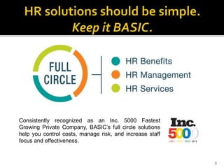 Consistently recognized as an Inc. 5000 Fastest
Growing Private Company, BASIC’s full circle solutions
help you control costs, manage risk, and increase staff
focus and effectiveness.


                                                          3
 