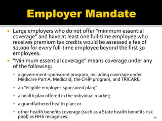    Large employers who do not offer “minimum essential
    coverage” and have at least one full-time employee who
    receives premium tax credits would be assessed a fee of
    $2,000 for every full-time employee beyond the first 30
    employees.
   “Minimum essential coverage” means coverage under any
    of the following:
     a government-sponsored program, including coverage under
      Medicare Part A, Medicaid, the CHIP program, and TRICARE;
     an “eligible employer-sponsored plan;”
     a health plan offered in the individual market;
     a grandfathered health plan; or
     other health benefits coverage (such as a State health benefits risk
      pool) as HHS recognizes.                                               45
 
