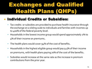    Individual Credits or Subsidies:
     Tax credits or subsidies are provided to purchase health insurance through
      the exchange on a sliding scale to individuals and families with incomes up
      to 400% of the federal poverty level.
     Households in the lowest income group would spend approximately 2% to
      4% of their income on premiums.

     The health plans would cover 94% of the cost of benefits.

     Households in the highest eligible group would pay 9.5% of their income
      on premiums, with health plans paying 70% of the cost of the benefits.
     Subsidies would increase at the same rate as the increase in premium
      contributions from the prior year.

                                                                                76
 