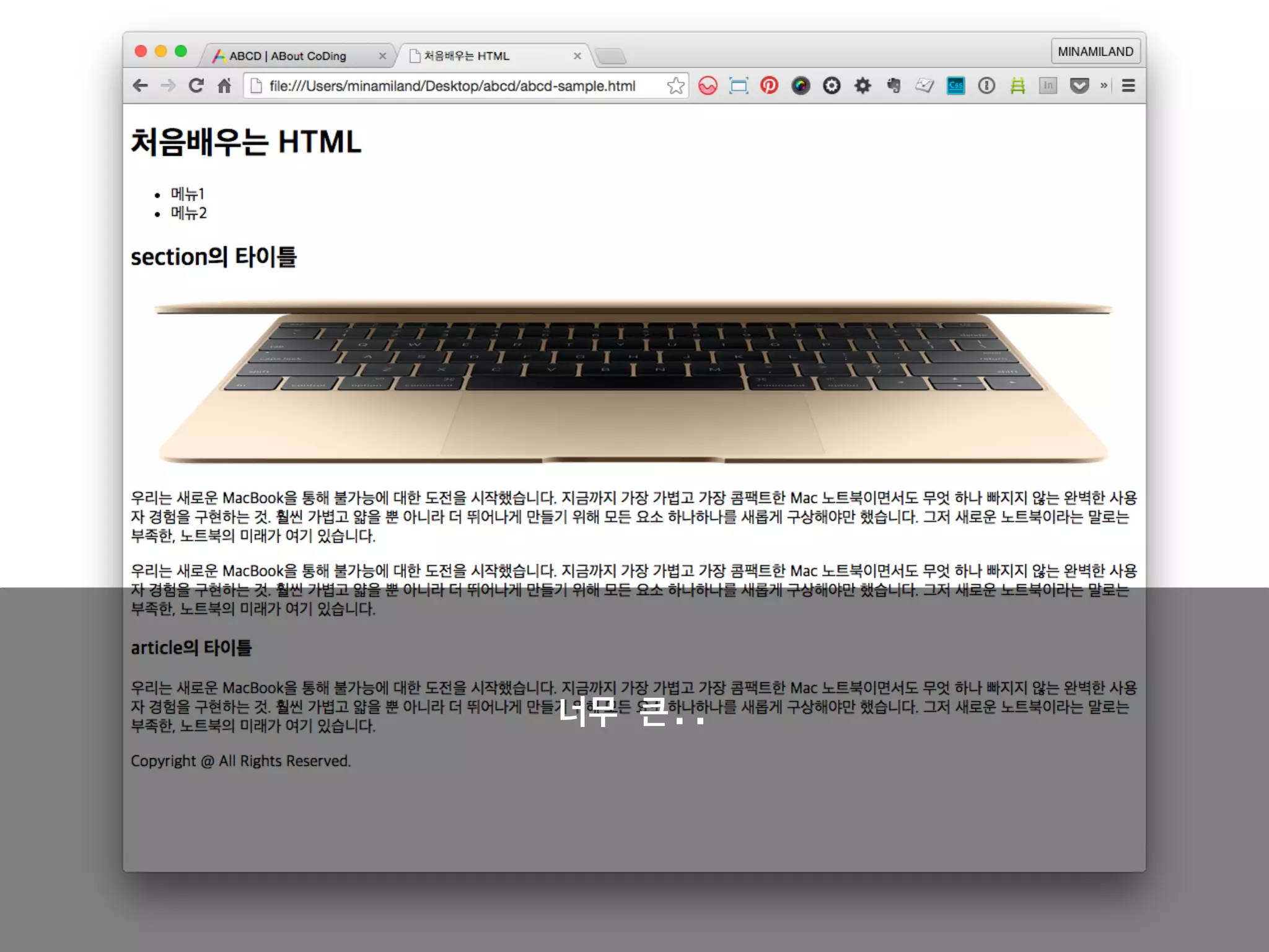main
section
h2section의 타이틀/h2
img
p
우리는 새로운 MacBook을 통해 불가능에 대한 도전을 시작했습니다. 지
금까지 가장 가볍고 가장 콤팩트한 Mac 노트북이면서도 무엇 하나 빠지지 않는 완벽
한 사용자 경험을 구현하는 것. 훨씬 가볍고 얇을 뿐 아니라 더 뛰어나게 만들기 위
해 모든 요소 하나하나를 새롭게 구상해야만 했습니다. 그저 새로운 노트북이라는 말
로는 부족한, 노트북의 미래가 여기 있습니다.
/p
article
h3article의 타이틀/h3
/article
/section
/main
p앞쪽에 이미지를 추가
 