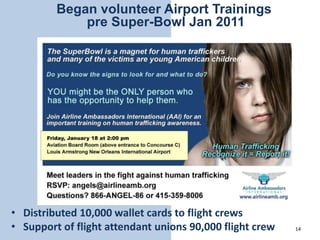 14
©AirlineAmbassadorsInternational
Began volunteer Airport Trainings
pre Super-Bowl Jan 2011
• Distributed 10,000 wallet cards to flight crews
• Support of flight attendant unions 90,000 flight crew
 