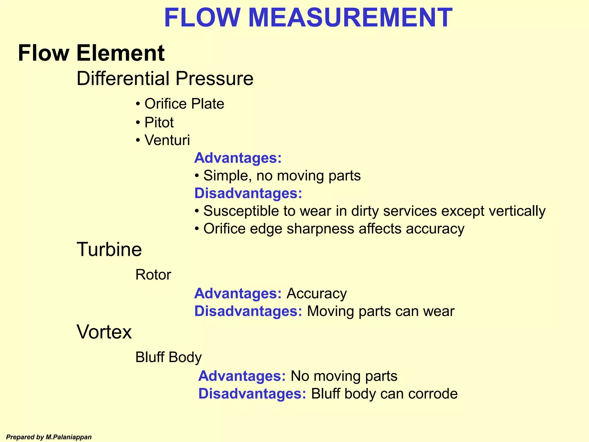 Prepared by M.Palaniappan
Flow Element
Differential Pressure
• Orifice Plate
• Pitot
• Venturi
Advantages:
• Simple, no moving parts
Disadvantages:
• Susceptible to wear in dirty services except vertically
• Orifice edge sharpness affects accuracy
Turbine
Rotor
Advantages: Accuracy
Disadvantages: Moving parts can wear
Vortex
Bluff Body
Advantages: No moving parts
Disadvantages: Bluff body can corrode
FLOW MEASUREMENT
 