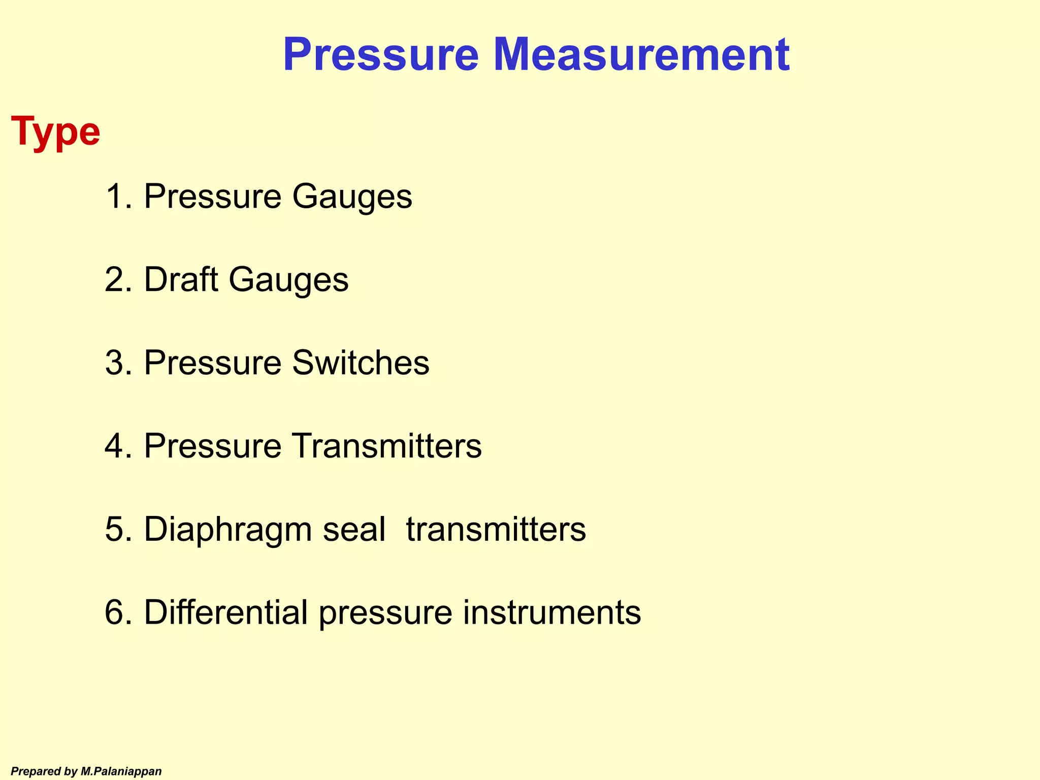 Prepared by M.Palaniappan
1. Pressure Gauges
2. Draft Gauges
3. Pressure Switches
4. Pressure Transmitters
5. Diaphragm seal transmitters
6. Differential pressure instruments
Pressure Measurement
Type
 
