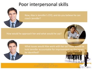Poor interpersonal skills
Now, Alex is Jennifer’s CFO, and do you believe he can
coach Jennifer?
How would he approach her...