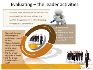 Evaluating – the leader activities
Evaluating helps measure the performance of a
group in getting a job done and working
together. It suggests ways in which the group
can improve its performance
• Were relationships
between group
participants helped
or hurt?
• Was participation
equally distributed
among group
participants?
• Did the group
enjoy the activity?
• Did the group
handle conflicts
well?
• Was the job
done?
• Was the job done
right?
• Was the job done
on time?
Copyright © 2008 - 2012
managementstudyguide.com. All rights
reserved.
 