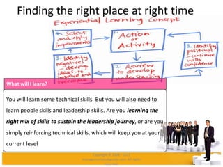Finding the right place at right time
You will learn some technical skills. But you will also need to
learn people skills and leadership skills. Are you learning the
right mix of skills to sustain the leadership journey, or are you
simply reinforcing technical skills, which will keep you at your
current level
What will I learn?
Copyright © 2008 - 2012
managementstudyguide.com. All rights
reserved.
 
