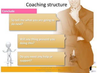 Coaching structure
So tell me what you are going to
do next?
Will any thing prevent you
doing this?
Do you need any help or
support?
Conclude
Copyright © 2008 - 2012
managementstudyguide.com. All rights
reserved.
 
