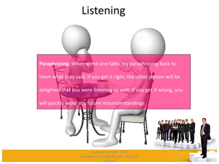 Listening
Paraphrasing: When some one talks, try paraphrasing back to
them what they said. If you get it right, the other person will be
delighted that you were listening so well. If you get it wrong, you
will quickly avoid any future misunderstandings
Copyright © 2008 - 2012
managementstudyguide.com. All rights
reserved.
 