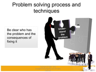 Problem solving process and
techniques
Be clear who has
the problem and the
consequences of
fixing it
Copyright © 2008 - 2012
managementstudyguide.com. All rights
reserved.
 