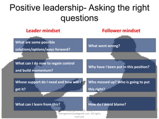 Positive leadership- Asking the right
questions
Leader mindset Follower mindset
What are some possible
solutions/options/ways forward?
What went wrong?
What can I do now to regain control
and build momentum?
Why have I been put in this position?
Whose support do I need and how will I
get it?
Who messed up? Who is going to put
this right?
What can I learn from this? How do I avoid blame?
Copyright © 2008 - 2012
managementstudyguide.com. All rights
reserved.
 