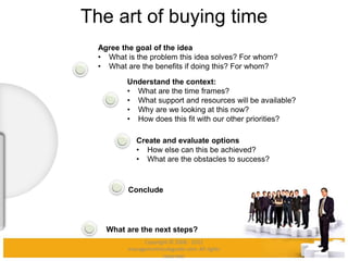 The art of buying time
Agree the goal of the idea
• What is the problem this idea solves? For whom?
• What are the benefits if doing this? For whom?
Understand the context:
• What are the time frames?
• What support and resources will be available?
• Why are we looking at this now?
• How does this fit with our other priorities?
Create and evaluate options
• How else can this be achieved?
• What are the obstacles to success?
Conclude
What are the next steps?
Copyright © 2008 - 2012
managementstudyguide.com. All rights
reserved.
 