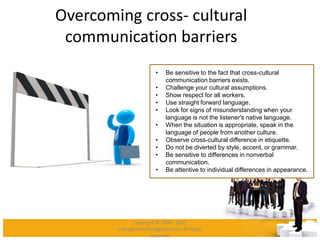 Overcoming cross- cultural
communication barriers
• Be sensitive to the fact that cross-cultural
communication barriers exists.
• Challenge your cultural assumptions.
• Show respect for all workers.
• Use straight forward language.
• Look for signs of misunderstanding when your
language is not the listener's native language.
• When the situation is appropriate, speak in the
language of people from another culture.
• Observe cross-cultural difference in etiquette.
• Do not be diverted by style, accent, or grammar.
• Be sensitive to differences in nonverbal
communication.
• Be attentive to individual differences in appearance.
Copyright © 2008 - 2012
managementstudyguide.com. All rights
reserved.
 