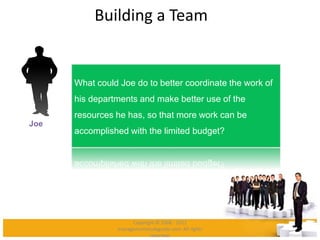 Building a Team
Joe
What could Joe do to better coordinate the work of
his departments and make better use of the
resources he has, so that more work can be
accomplished with the limited budget?
Copyright © 2008 - 2012
managementstudyguide.com. All rights
reserved.
 